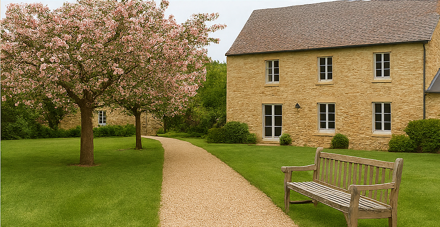 Pommiers en fleurs avec maison typique du Bessin